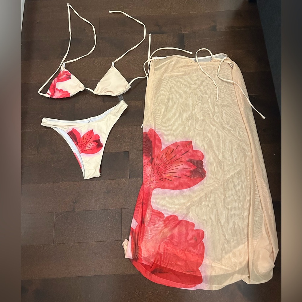 SHEIN Cream and Red Floral Bikini Set